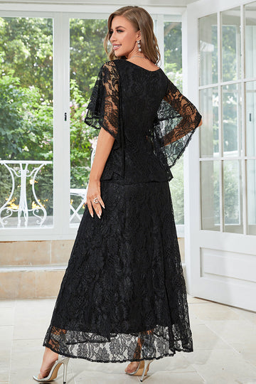 A-line Round Neck Black Lace Short Sleeves Mother of Bride Dress